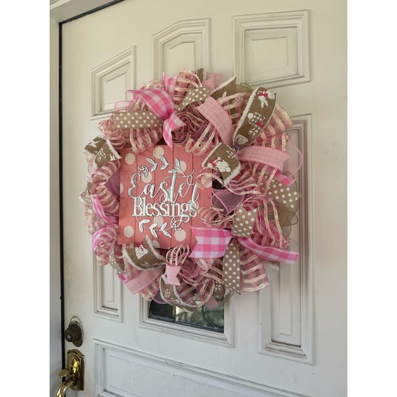 Beige Pink Easter Blessings Deco Mesh Ribbon Spring Wreath Front Door Hanger - Picture 7 of 8